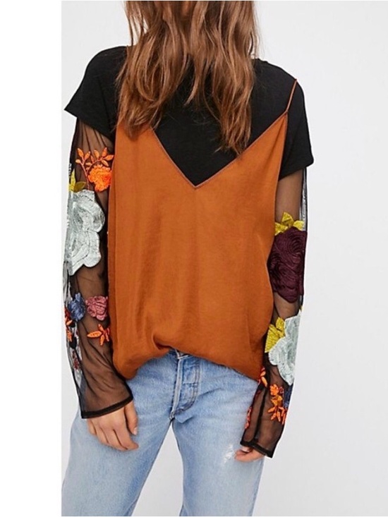 FREE PEOPLE Take Me Away Twofer Embroidered Mesh Sleeve Black Size Medium - Picture 4 of 9